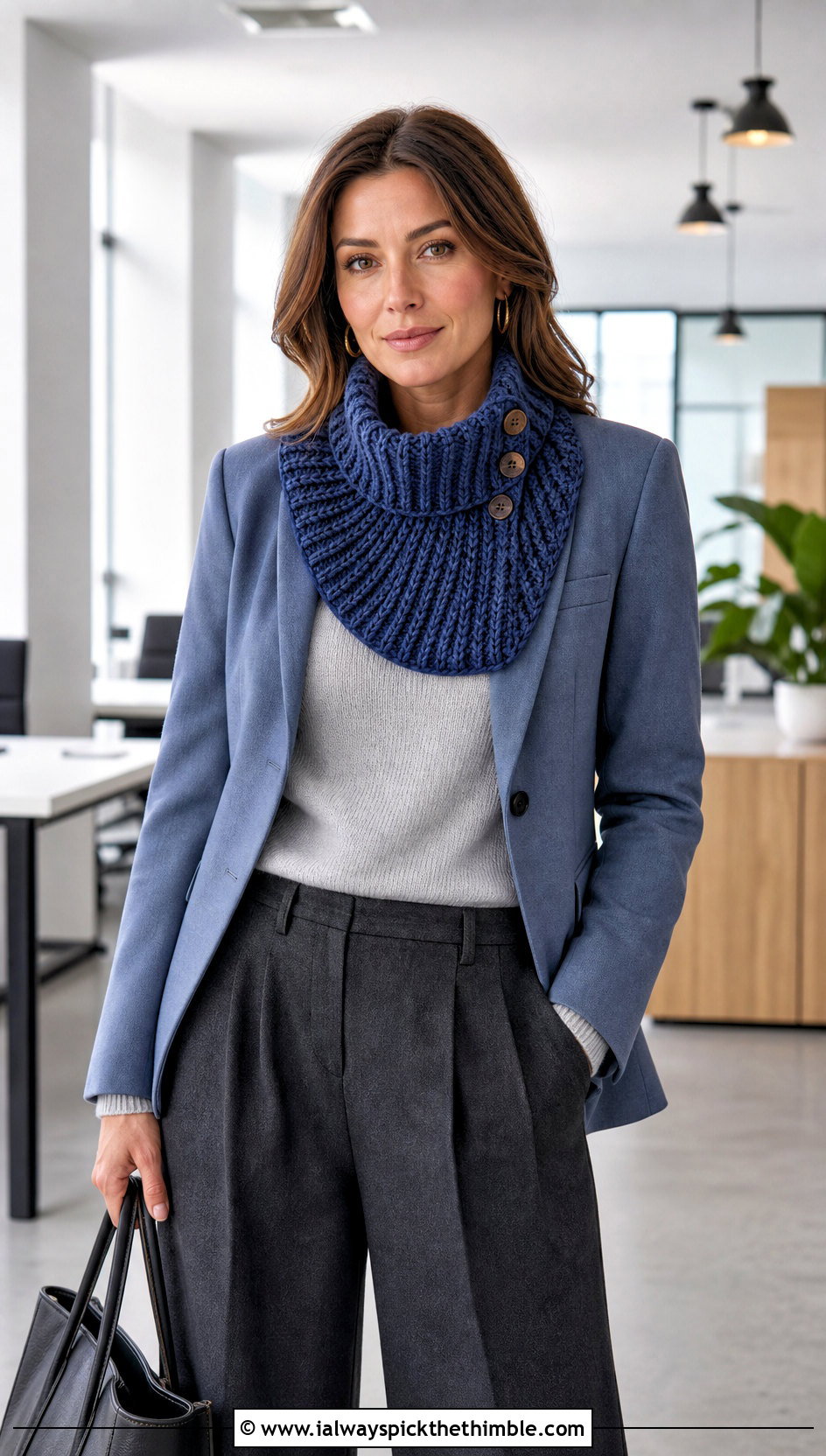 Ribbed Button Cowl With Tailored Trousers - 20 crochet button cowl outfit ideas
