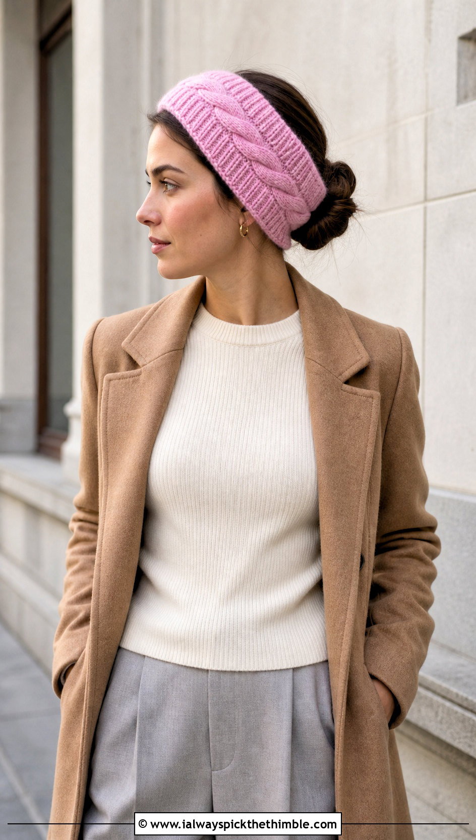 Ribbed Cable Headband With Wool Coat and Wide Leg Pants - 15 easy crochet cable headband earwarmer outfit ideas