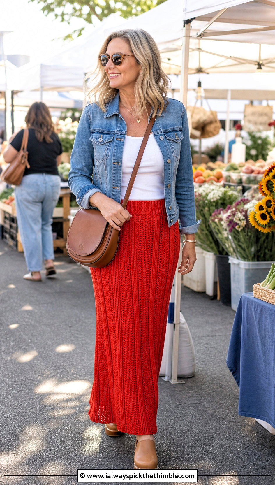 Ribbed Cable Maxi Skirt With Denim Jacket And Clogs - 15 crochet cable skirt outfit ideas
