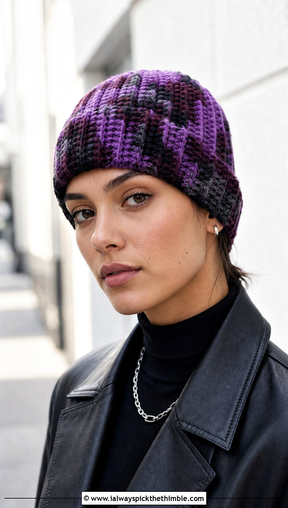 Ribbed Camo Crochet Beanie With Leather Jacket - 20 Camo Beanie Crochet Hat outfit ideas