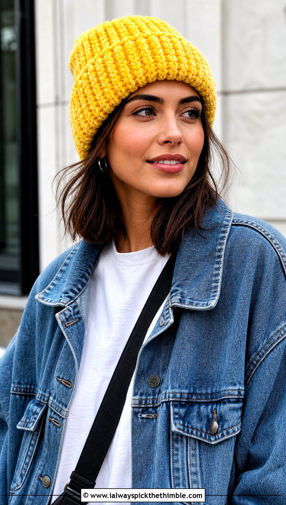 Ribbed Chenille Beanie With Denim Jacket - 20 crochet chenille hat outfit ideas