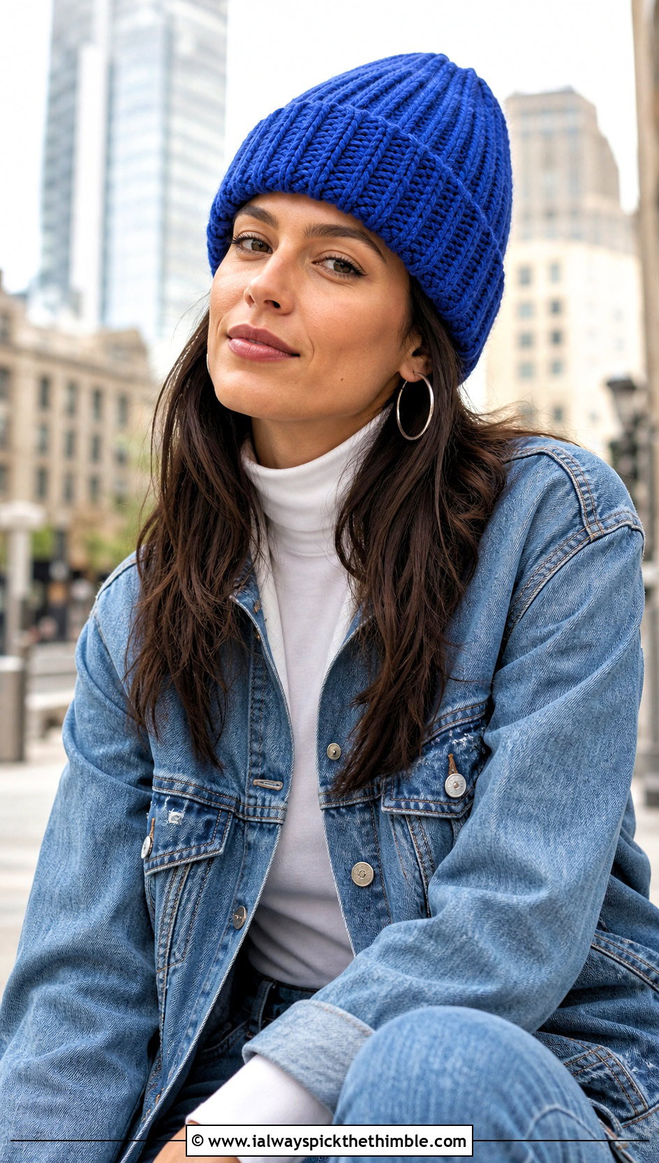 Ribbed Chunky Crochet Beanie With Denim Jacket And Jeans - 20 Easy Chunky Crochet Hat outfit ideas