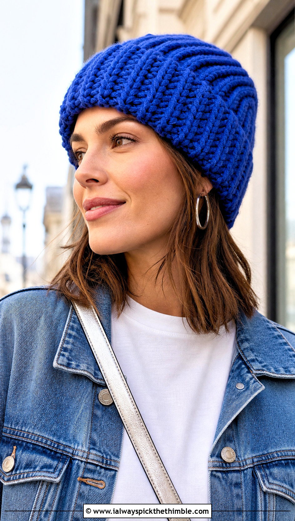 Ribbed Chunky Crochet Beanie With Denim Jacket And Straight Jeans - 20 chunky yarn crochet hat outfit ideas
