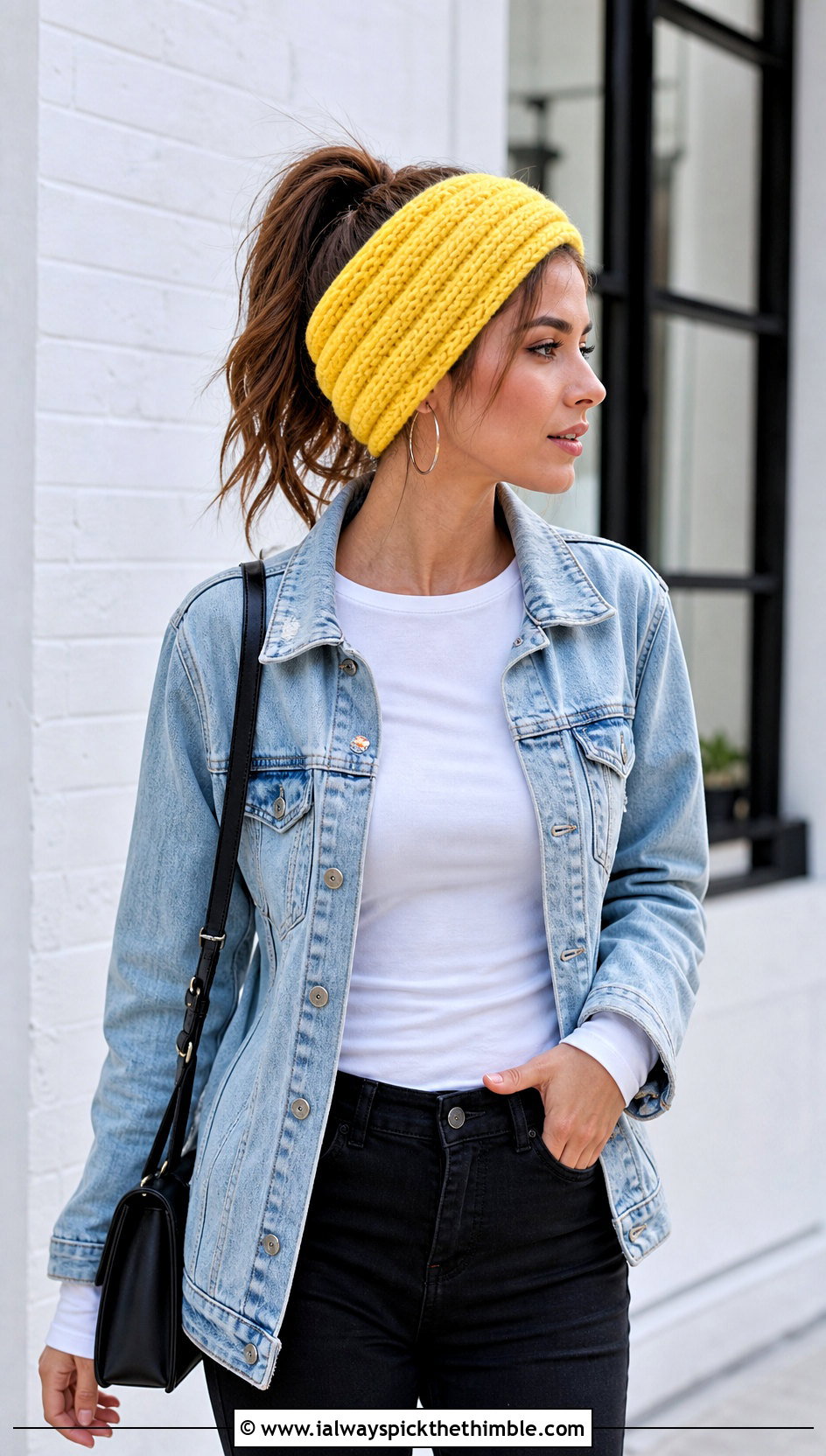 Ribbed Chunky Crochet Headband With Denim Jacket - 20 chunky crochet headband outfit ideas