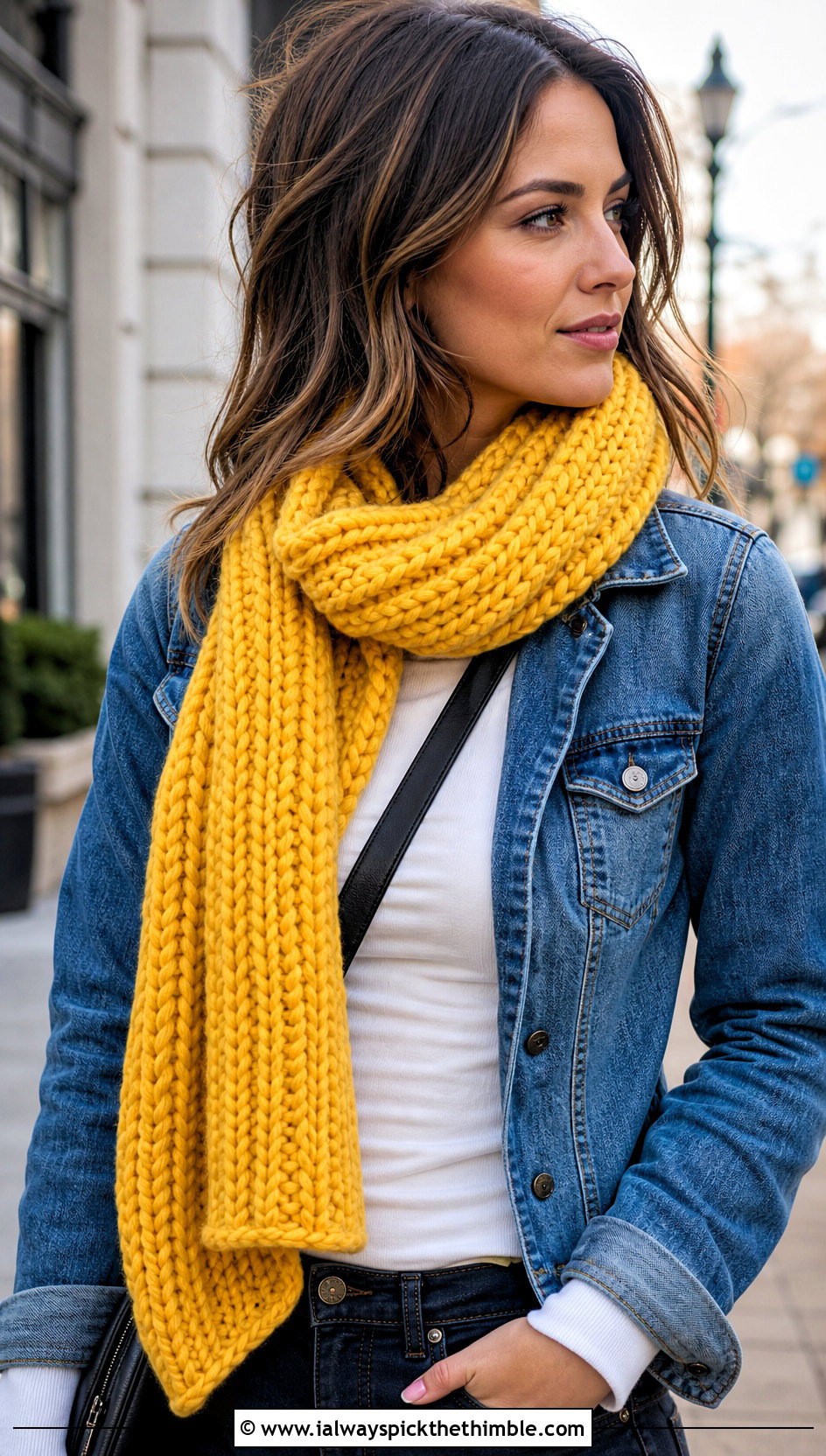 Ribbed Chunky Crochet Scarf With Denim Jacket - 25 chunky crochet scarf outfit ideas
