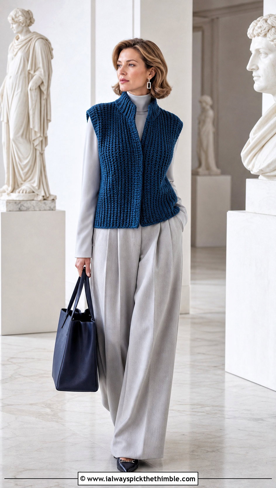 Ribbed Chunky Crochet Vest With Pleated Trousers - 20 Chunky Crochet Vest outfit ideas
