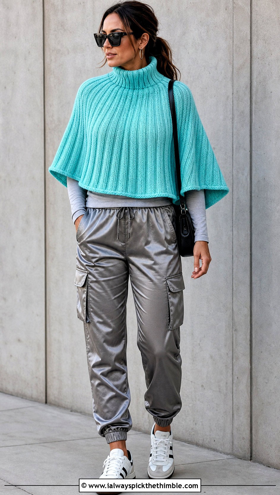 Ribbed Circle Poncho With Satin Cargo Pants - 20 Crochet Circle Poncho outfit ideas