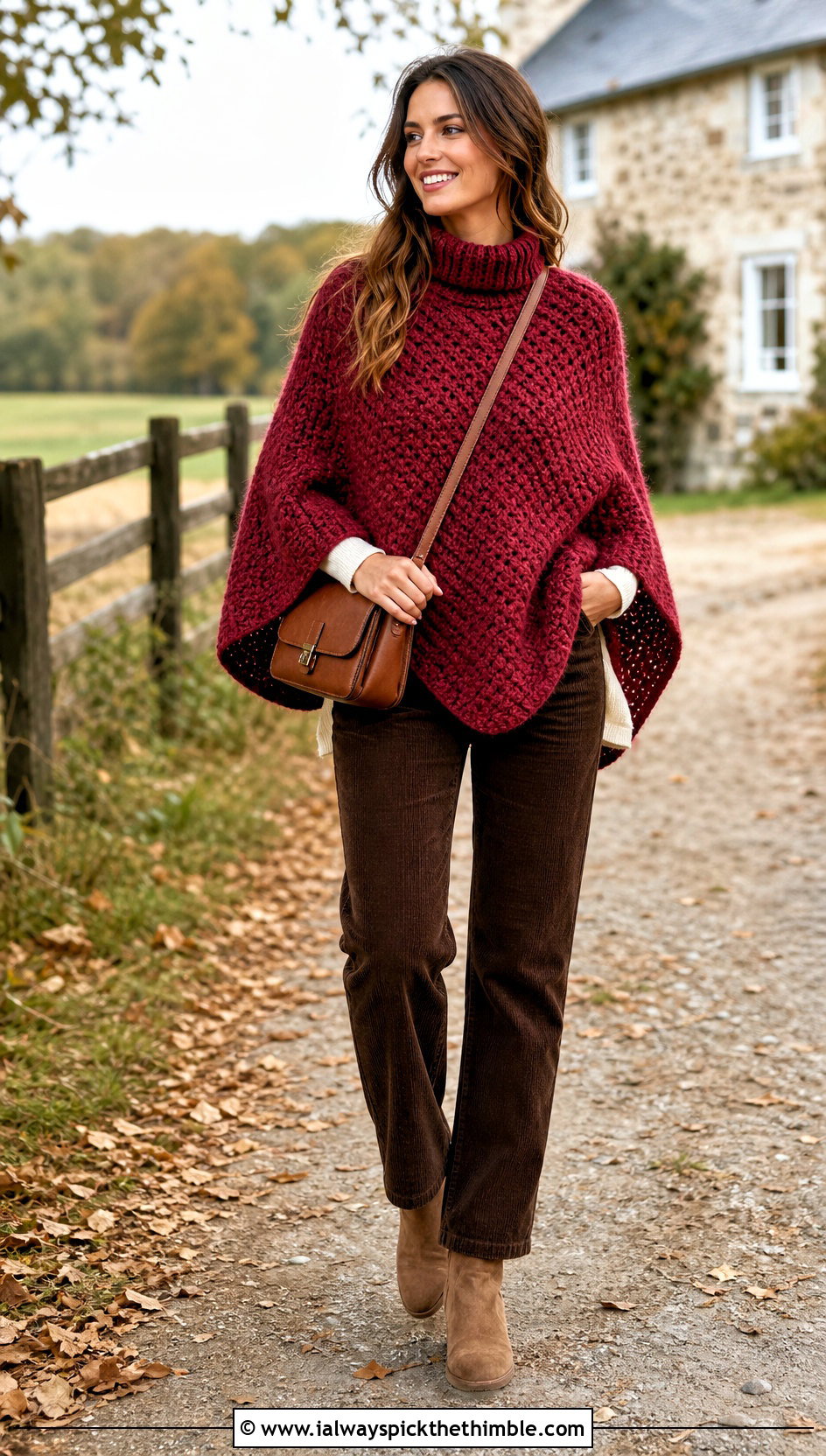 Ribbed Collar Chunky Yarn Crochet Poncho With Corduroy Pants - 20 Chunky Yarn Crochet Poncho outfit ideas