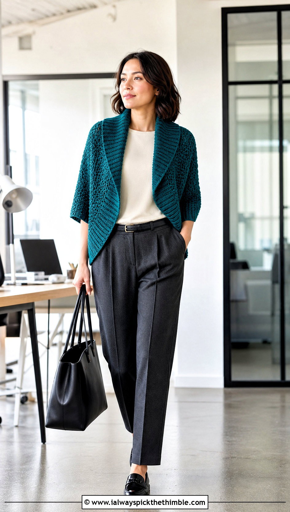 Ribbed Collar Crochet Cocoon Shrug With Tailored Trousers - 20 crochet cocoon shrug outfit ideas