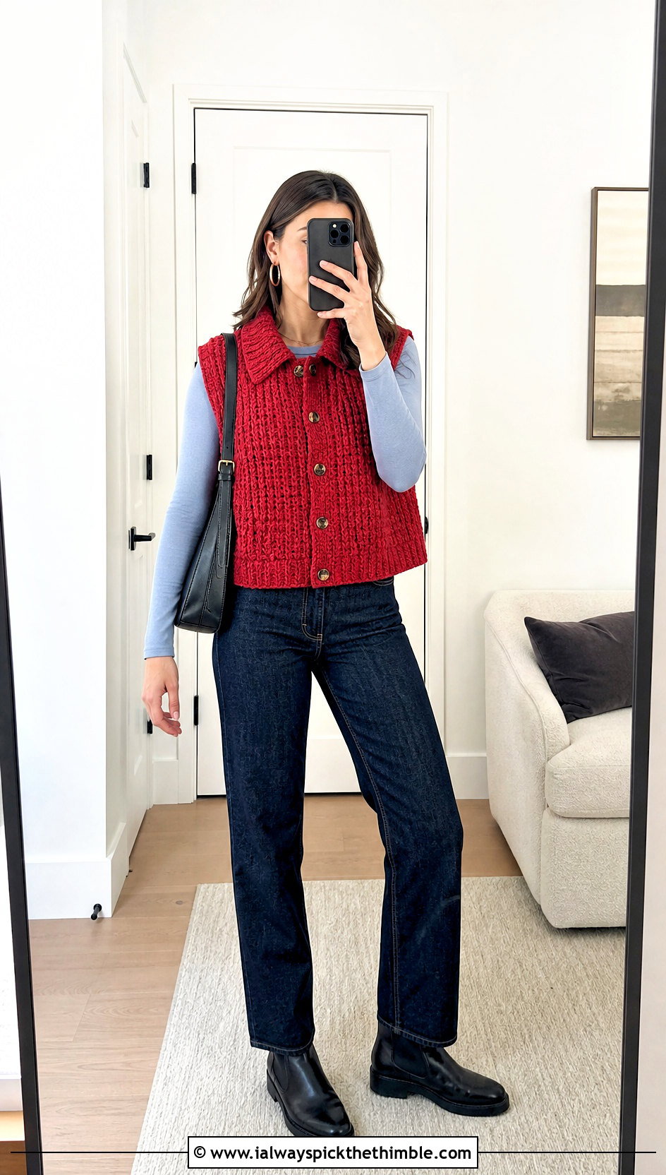 Ribbed Collar Crochet Vest With Straight Jeans - 20 crochet vest with collar outfit ideas