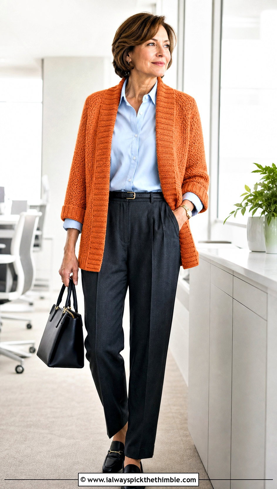 Ribbed Collar Rectangle Cardigan With Tailored Trousers - 15 Crochet Sweater From Rectangle outfit ideas
