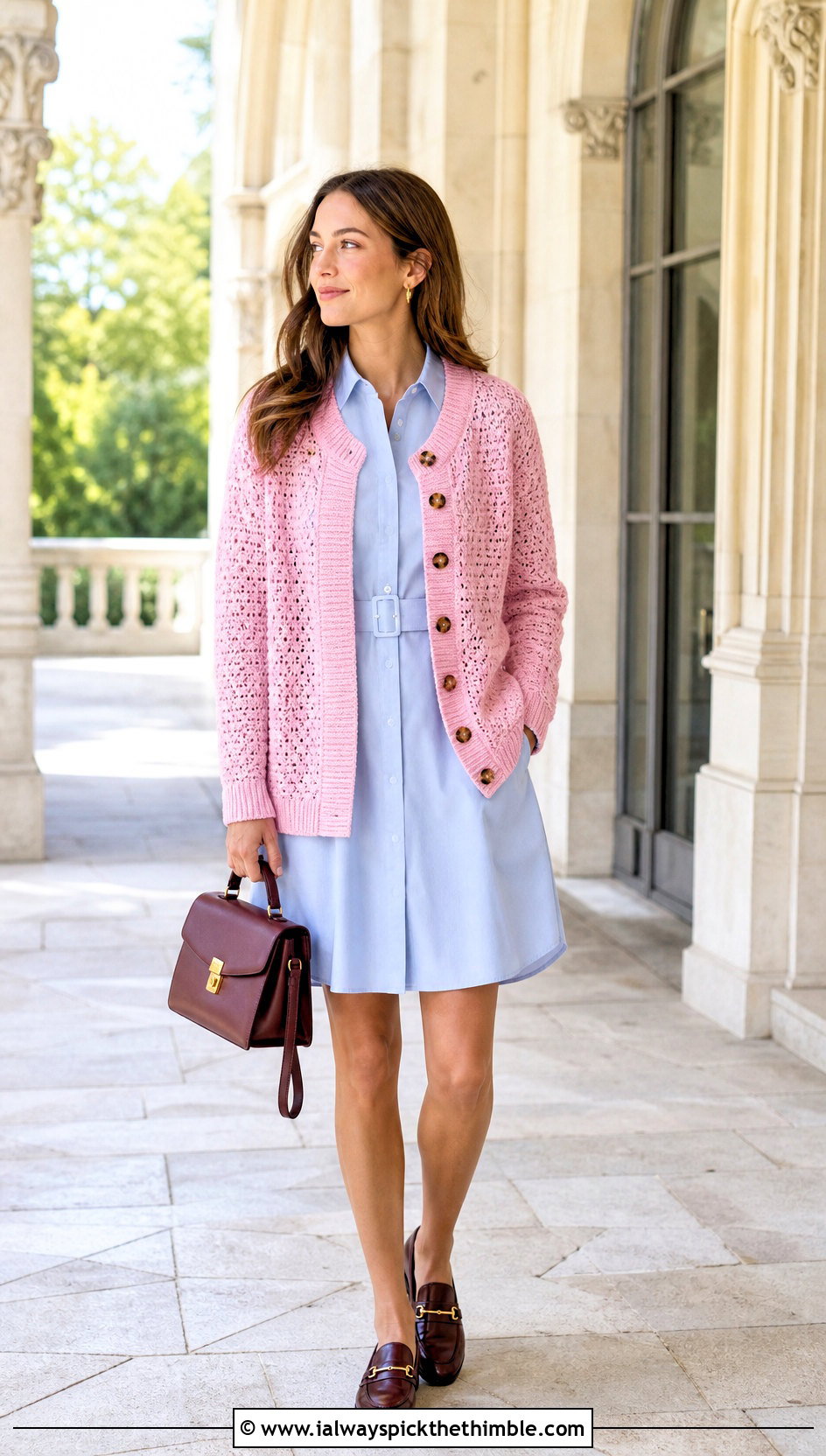 Ribbed Collar Riverbed Crochet Cardigan With Shirt Dress - 20 riverbed crochet cardigan outfit ideas