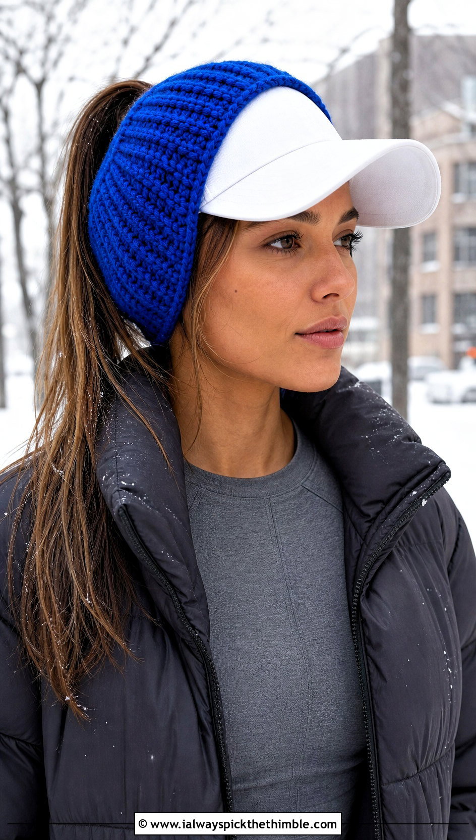 Ribbed Contoured Crochet Baseball Cap Ear Warmer With Puffer Jacket - 20 crochet baseball cap ear warmer outfit ideas