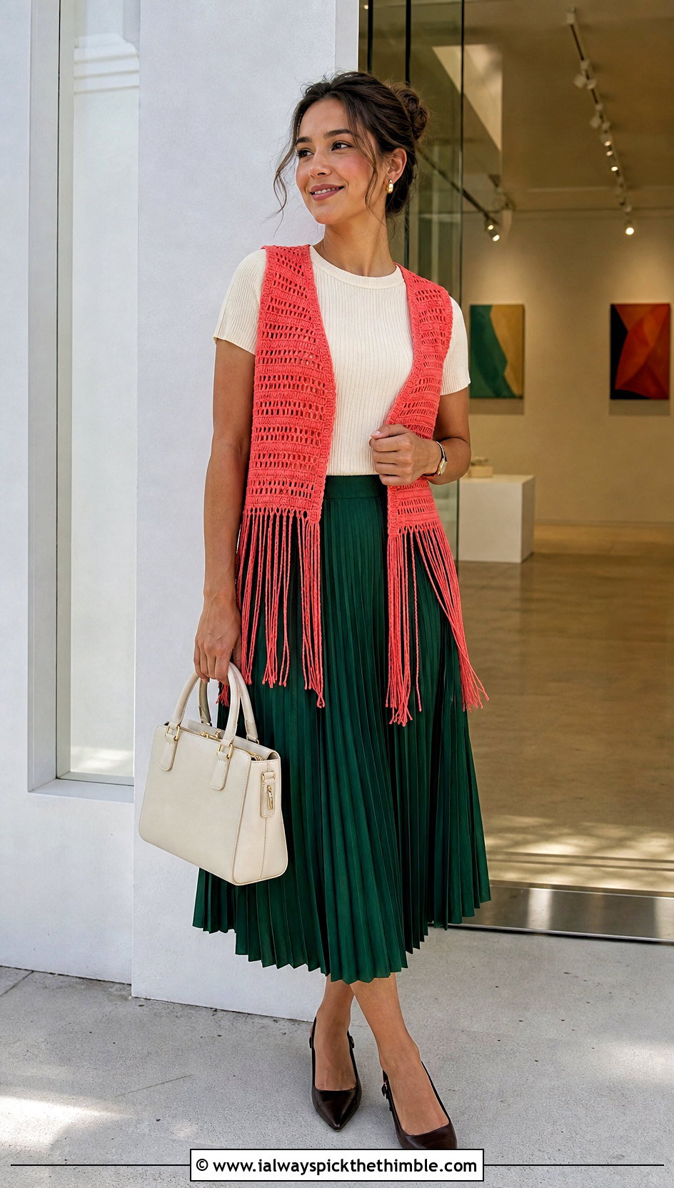 Ribbed Coral Fringe Vest With Pleated Midi Skirt - 15 coral fringe vest in knit crochet boho style outfit ideas