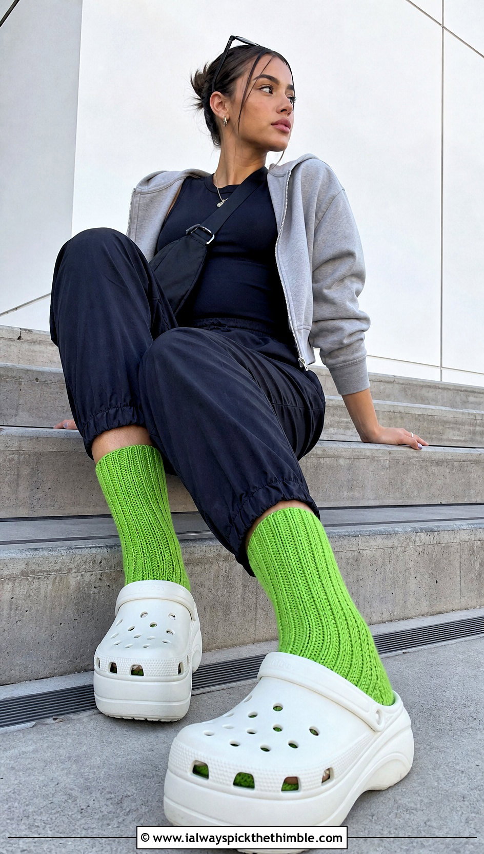 Ribbed Crew Crochet Socks With Track Pants - 20 croc crochet socks outfit ideas