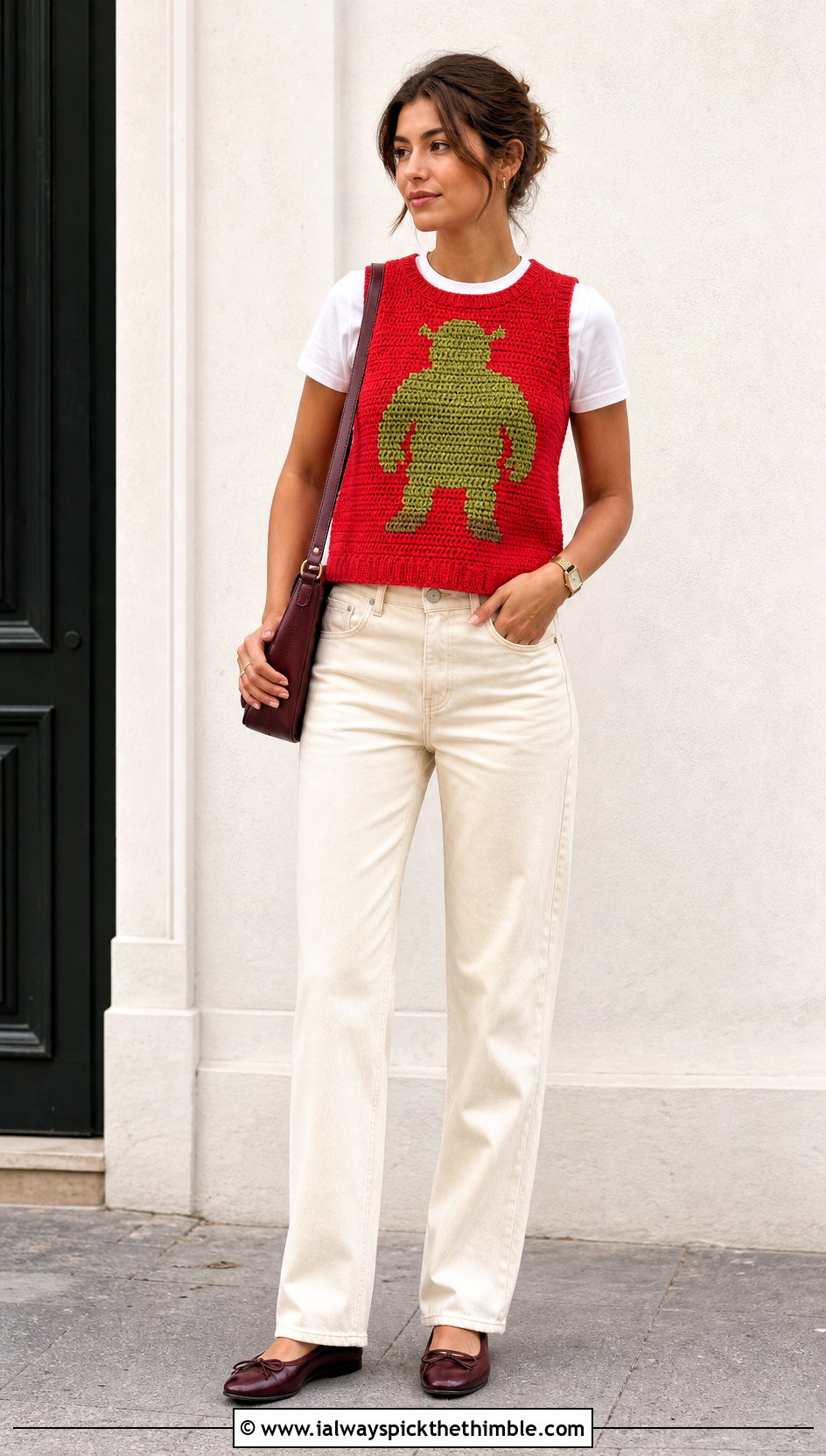 Ribbed Crewneck Crochet Shrek Vest With Ecru Jeans - 15 Crochet Shrek Vest outfit ideas