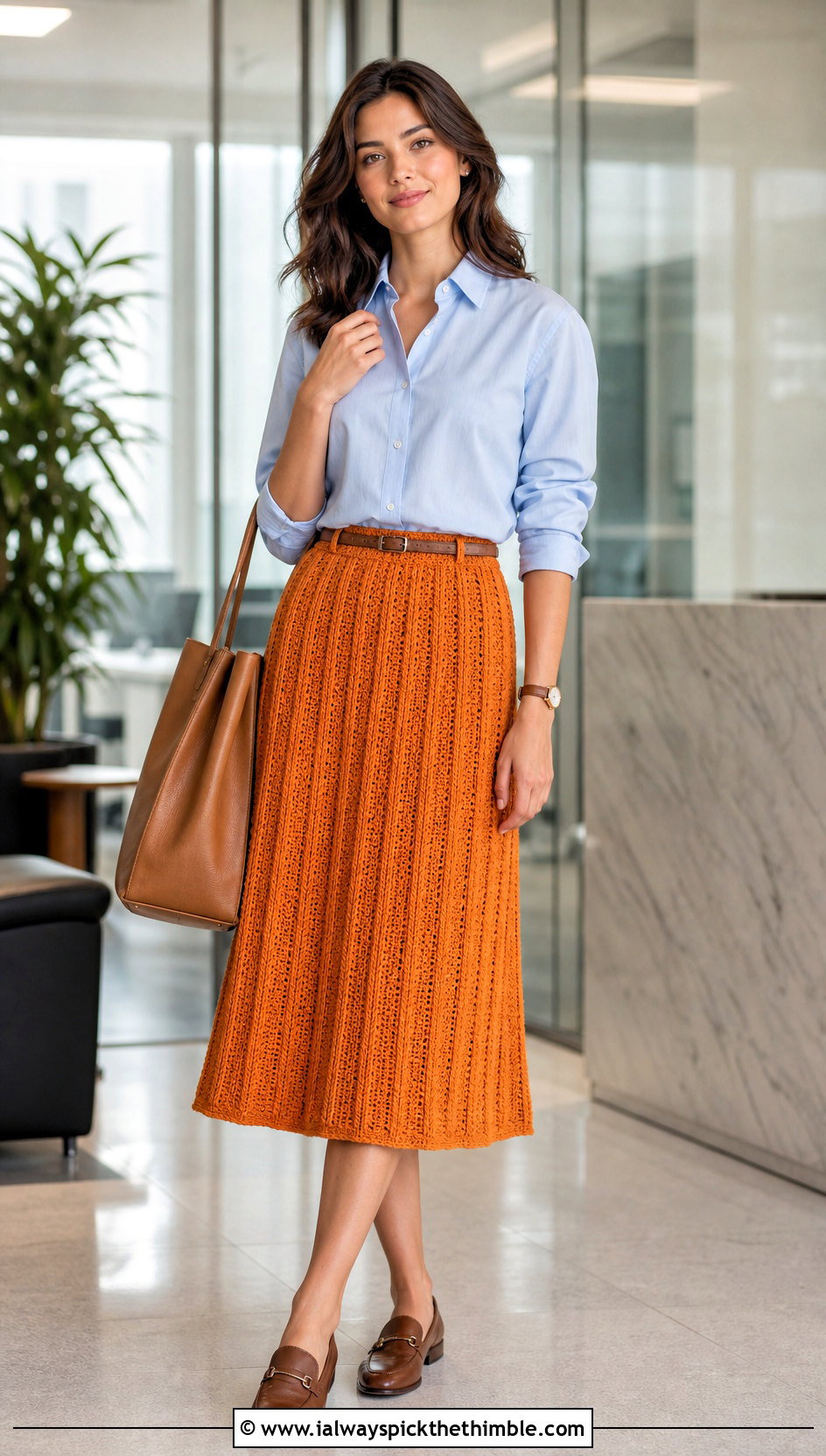 Ribbed Crochet A Line Skirt With Button Down Shirt - 20 Crochet A Line Skirt outfit ideas