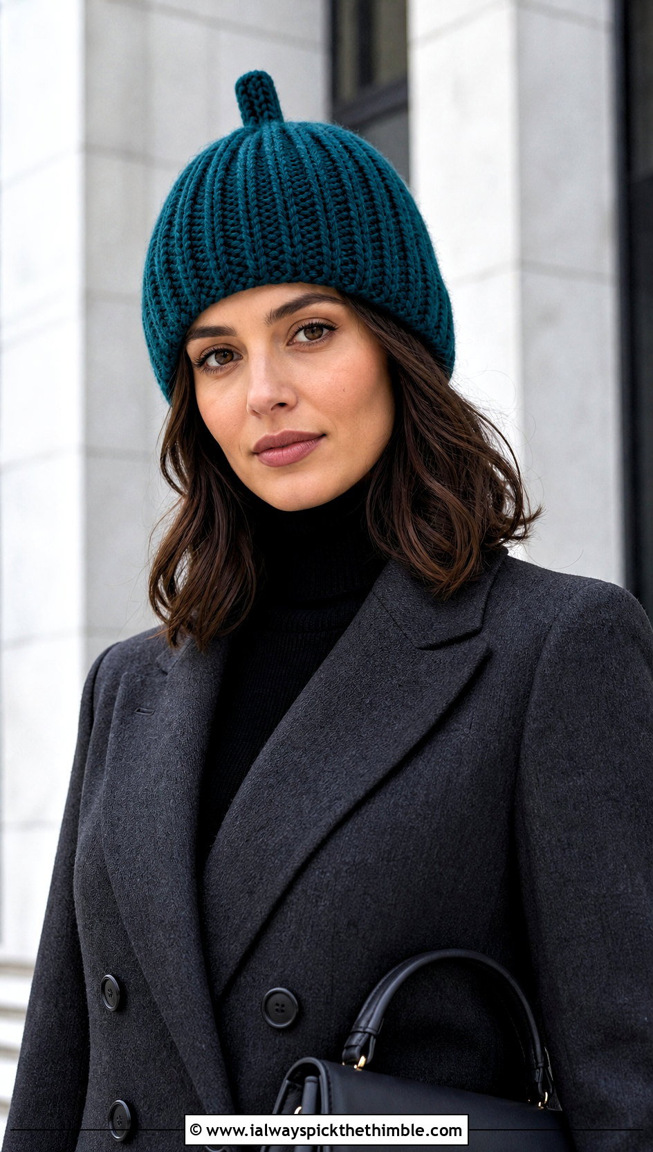 Ribbed Crochet Acorn Beanie With Tailored Coat - 20 crochet acorn hat outfit ideas
