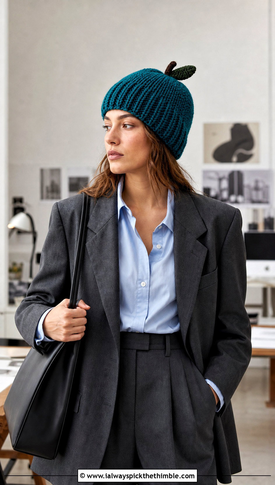 Ribbed Crochet Apple Beanie With Tailored Pantsuit - 25 crochet apple hat outfit ideas
