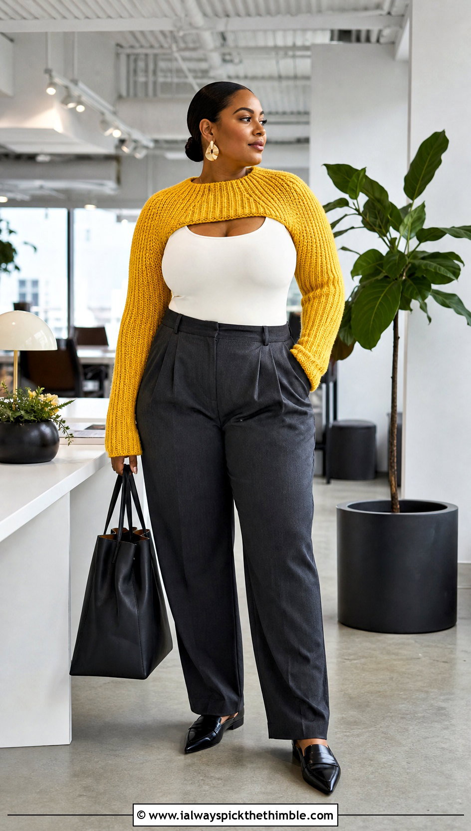 Ribbed Crochet Arm Warmer Sweater With Tailored Trousers - 20 crochet sweater sleeves outfit ideas