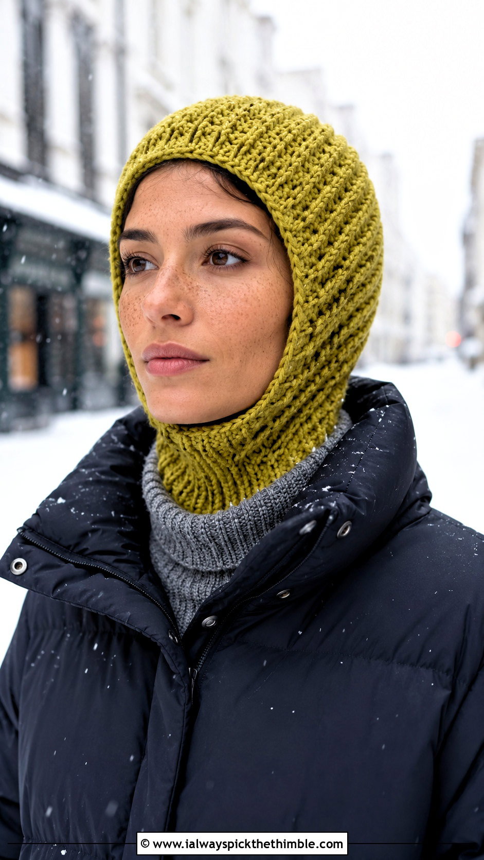 Ribbed Crochet Balaclava With Puffer Jacket - 25 Crochet Winter Outfits ideas