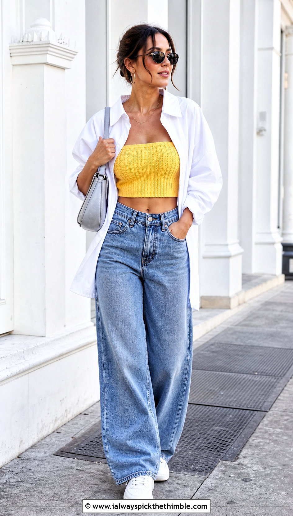 Ribbed Crochet Bandeau Top With Wide Leg Jeans - 20 crochet bando top outfit ideas
