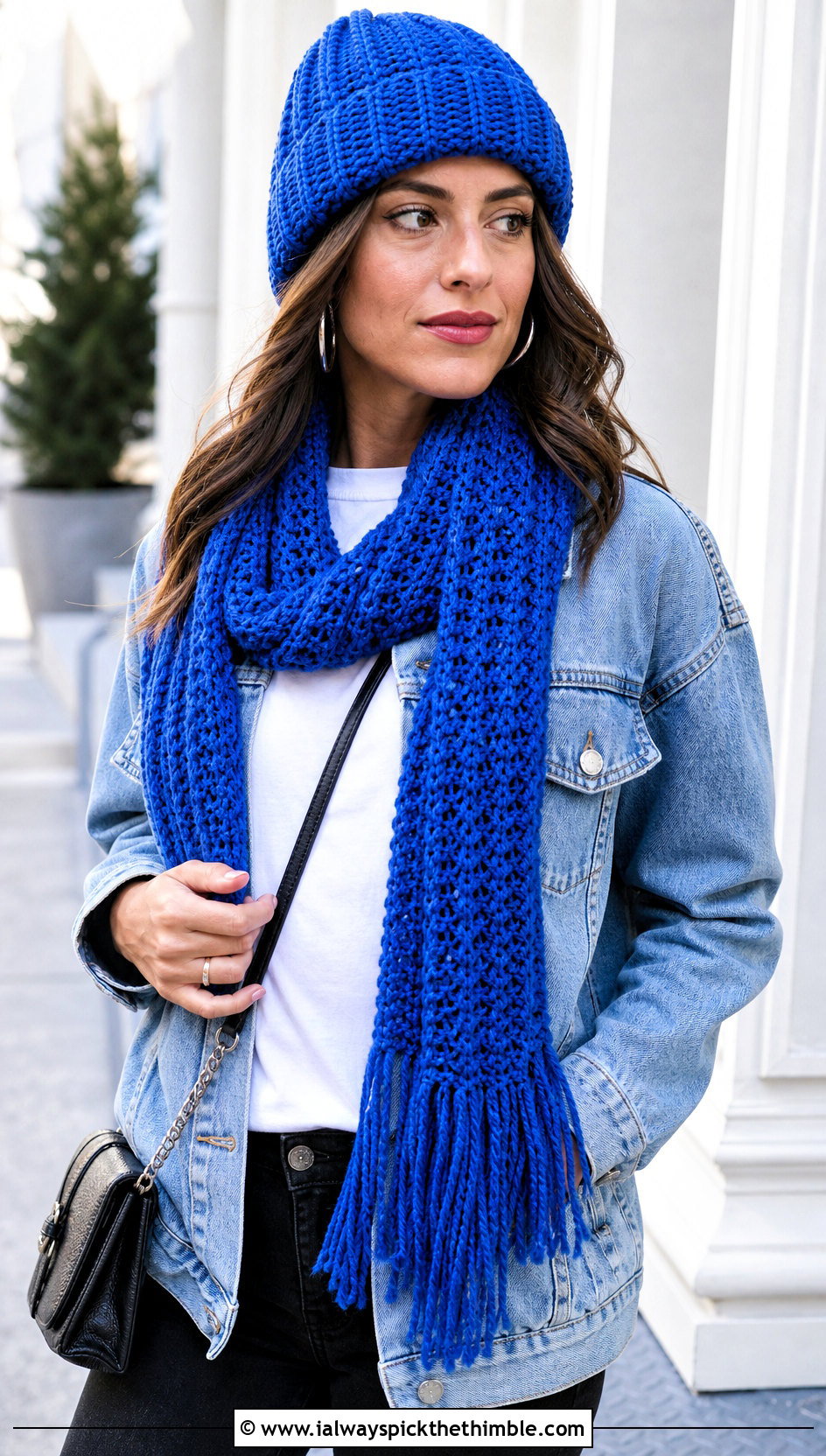 Ribbed Crochet Beanie And Fringed Scarf With Denim Jacket - 15 Crochet Scarf Hat outfit ideas
