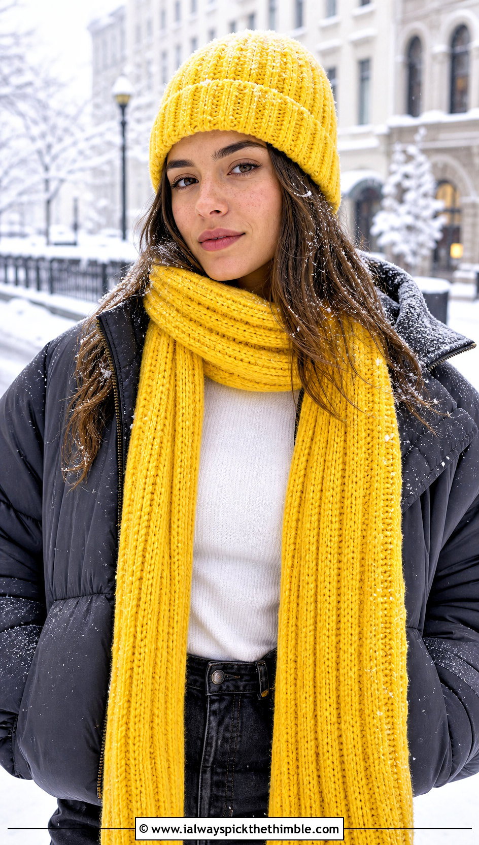 Ribbed Crochet Beanie And Long Scarf With Puffer Jacket - 20 crochet hat scarf outfit ideas