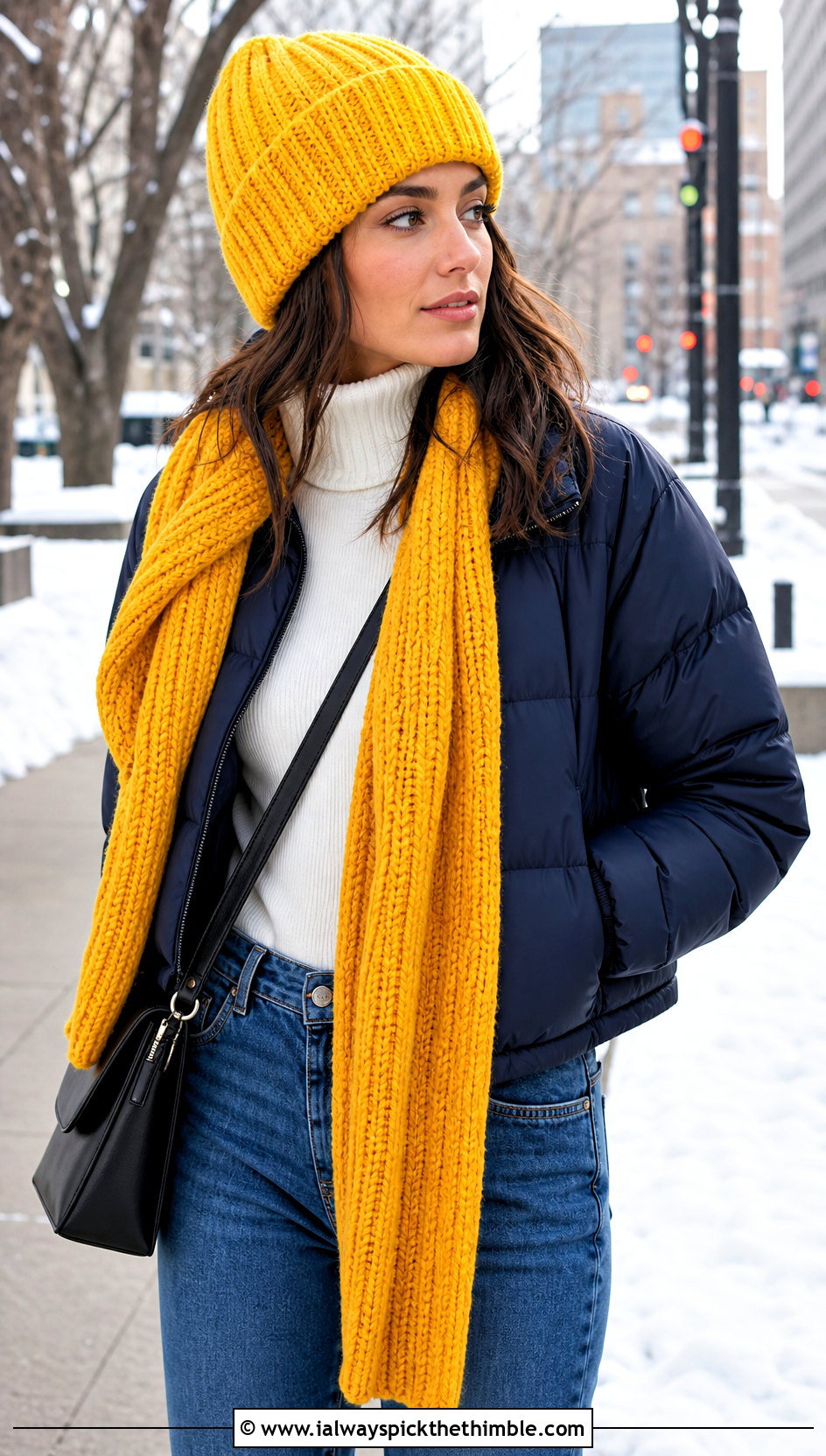 Ribbed Crochet Beanie And Long Scarf With Puffer Jacket - 20 Crochet Scarf And Hat Set outfit ideas