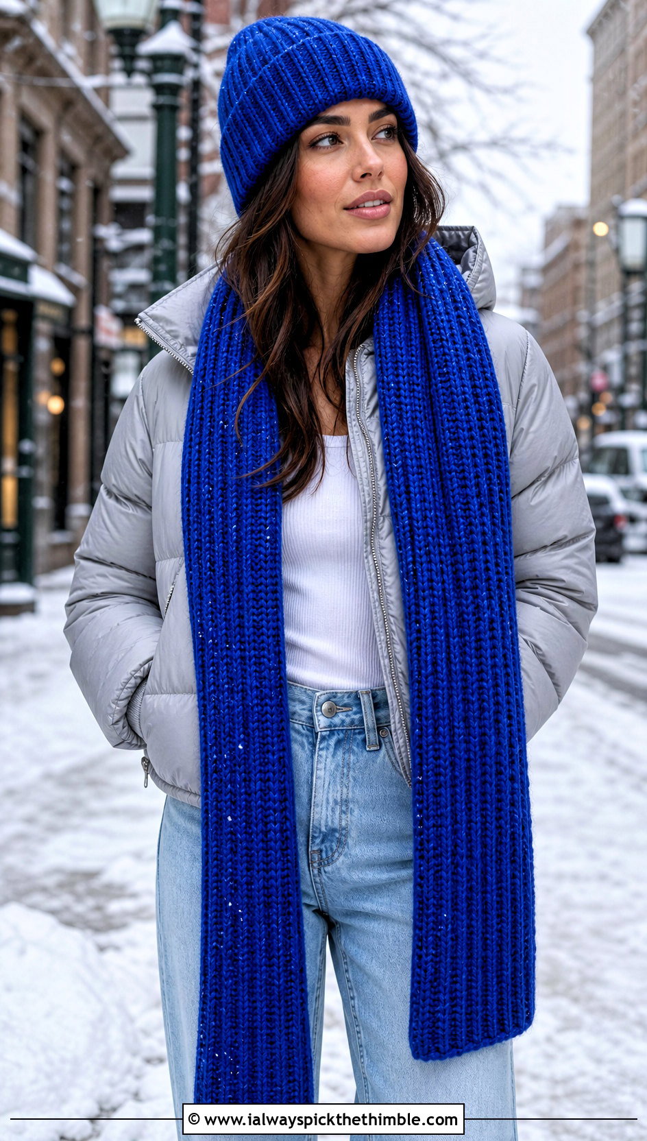 Ribbed Crochet Beanie And Long Scarf With Puffer Jacket - 20 crochet scarf hat combo outfit ideas