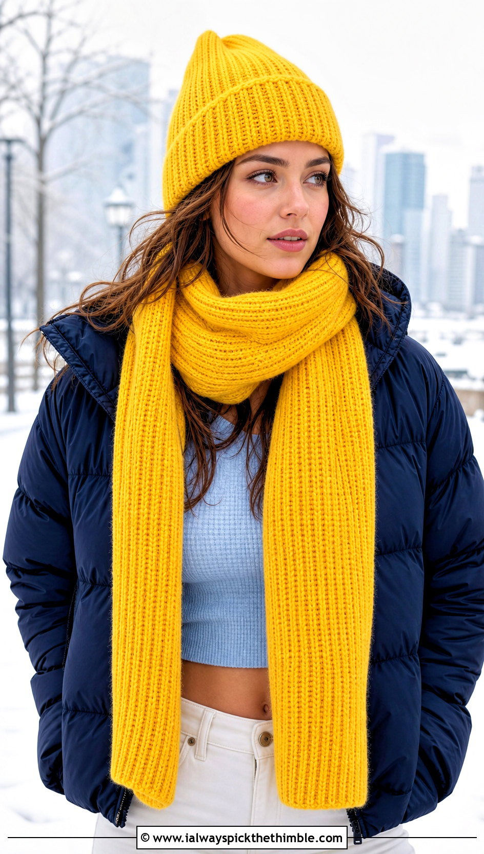 Ribbed Crochet Beanie And Long Scarf With Puffer Jacket - 25 crochet hat and scarf set outfit ideas