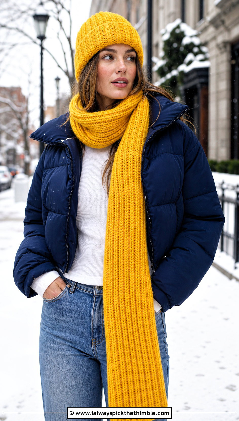 Ribbed Crochet Beanie And Long Scarf With Puffer Jacket - 15 Easy Crochet Hat And Scarf Set outfit ideas