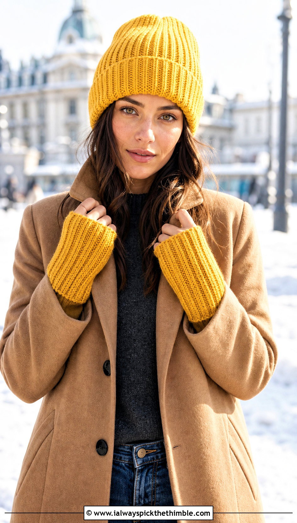 Ribbed Crochet Beanie And Wrist Warmers With Wool Coat - 15 Crochet Hat With Hand Warmer outfit ideas