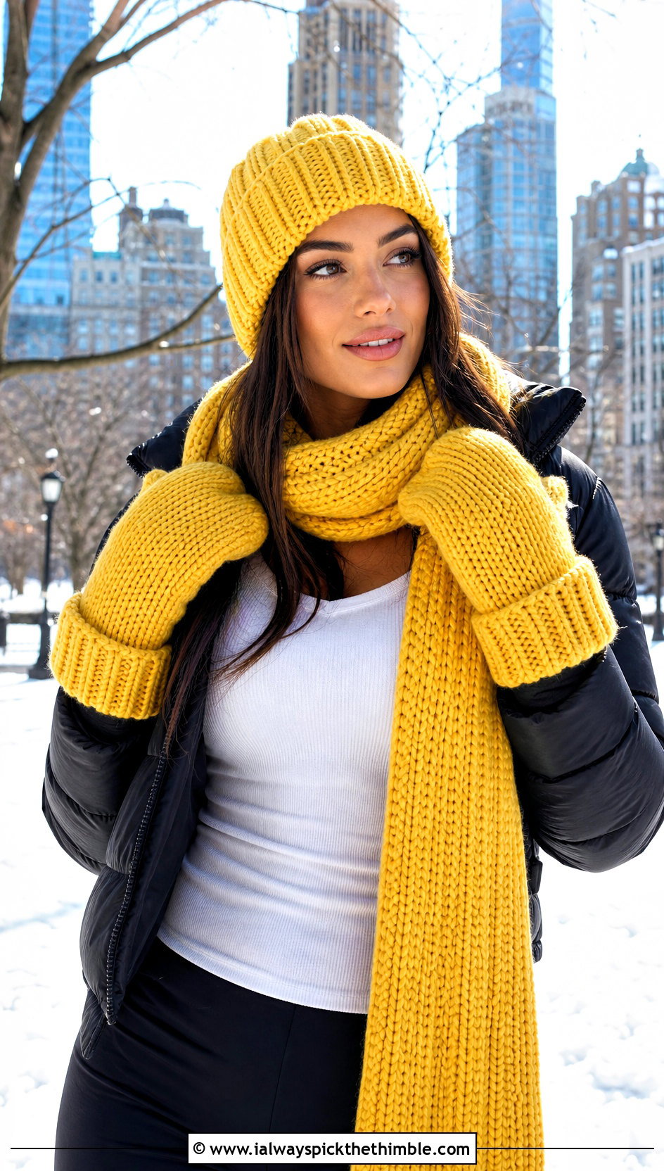 Ribbed Crochet Beanie Long Scarf And Mittens With Puffer Jacket - 20 Crochet Hat Mittens Scarf Set outfit ideas