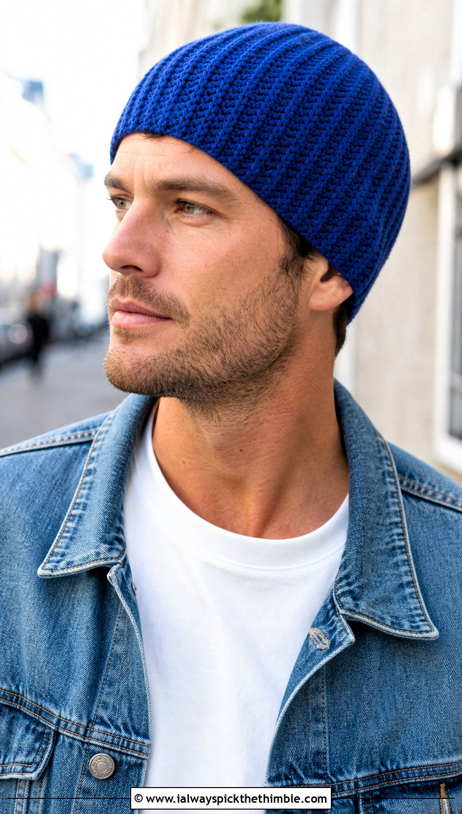 Ribbed Crochet Beanie With Denim Jacket - 15 Crochet Mens Hats outfit ideas