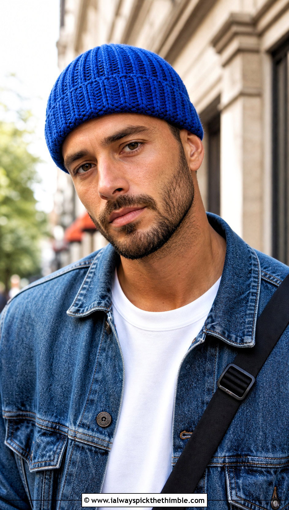 Ribbed Crochet Beanie With Denim Jacket - 25 men's crochet hat outfit ideas