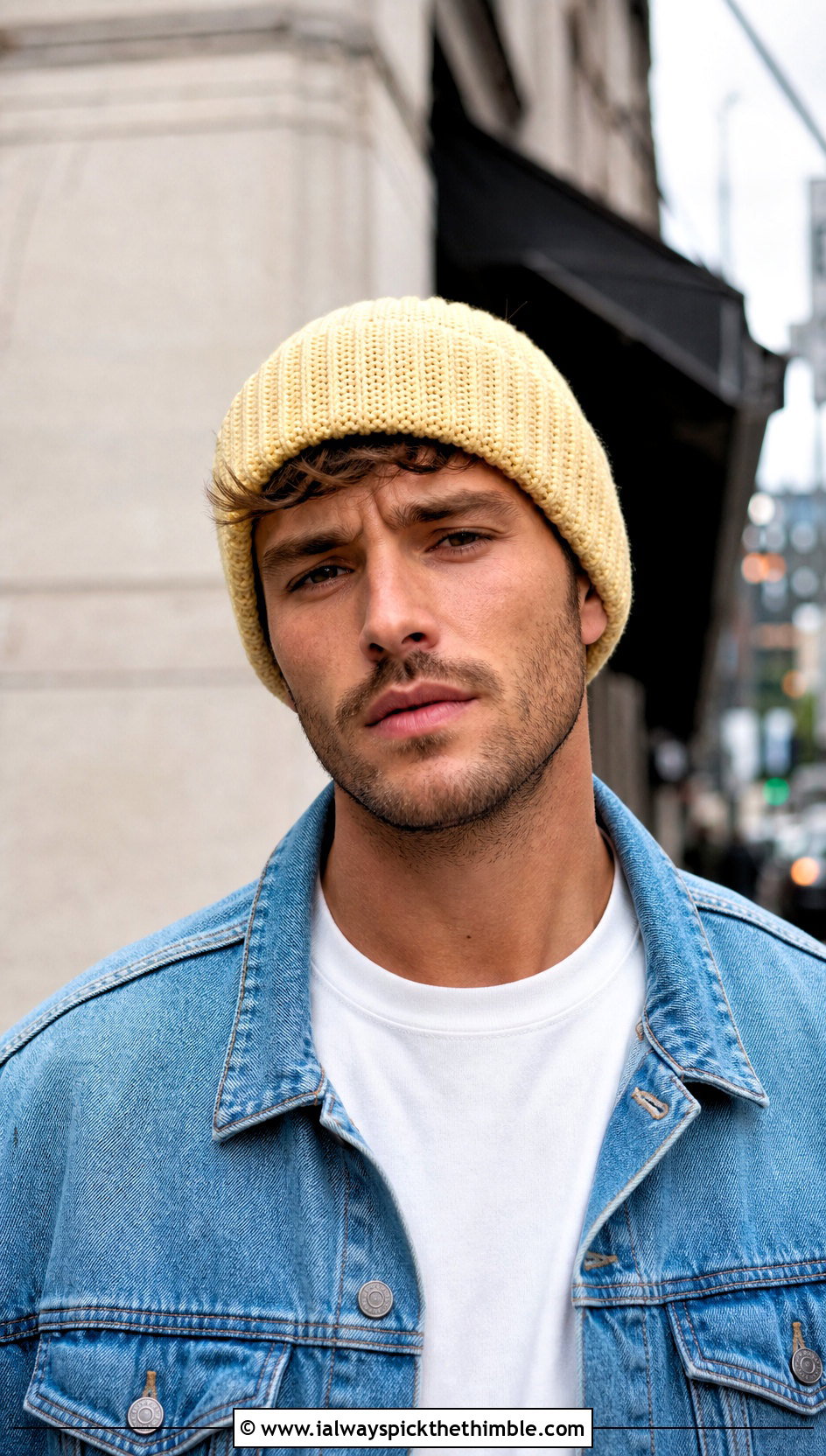Ribbed Crochet Beanie With Denim Jacket - 15 Unique Crochet Men Hat outfit ideas