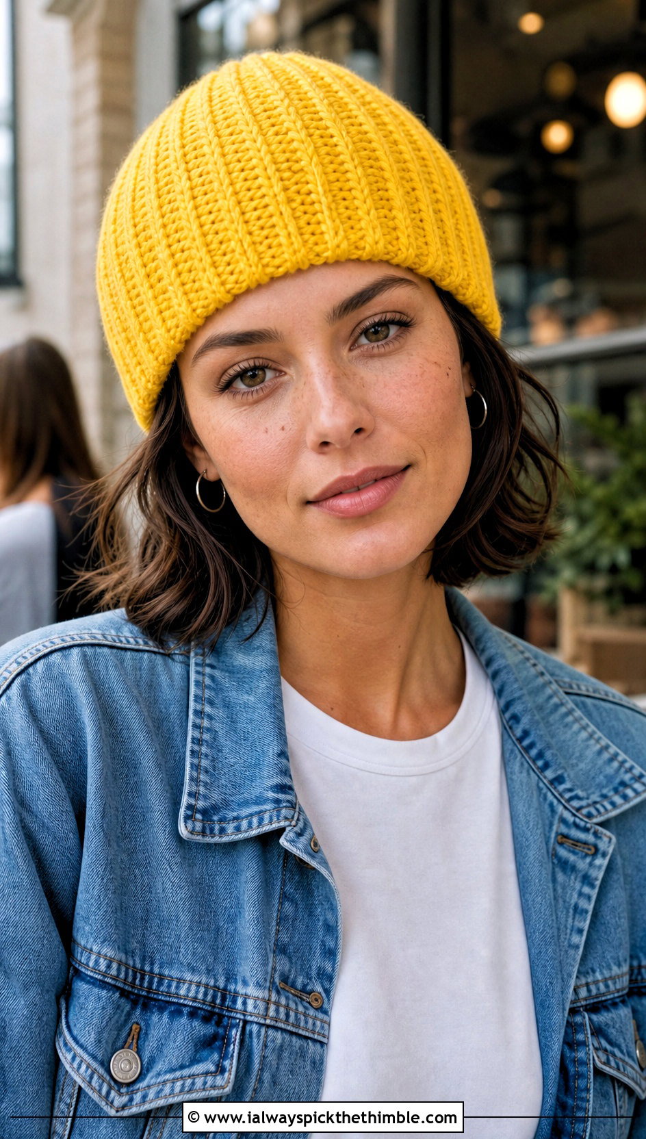 Ribbed Crochet Beanie With Denim Jacket And Jeans - 25 quick crochet hat outfit ideas