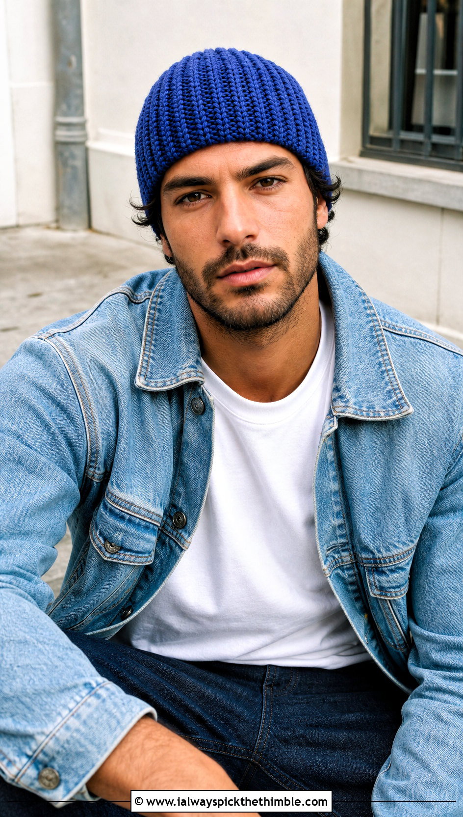 Ribbed Crochet Beanie With Denim Jacket And Jeans - 25 crochet hat for man outfit ideas