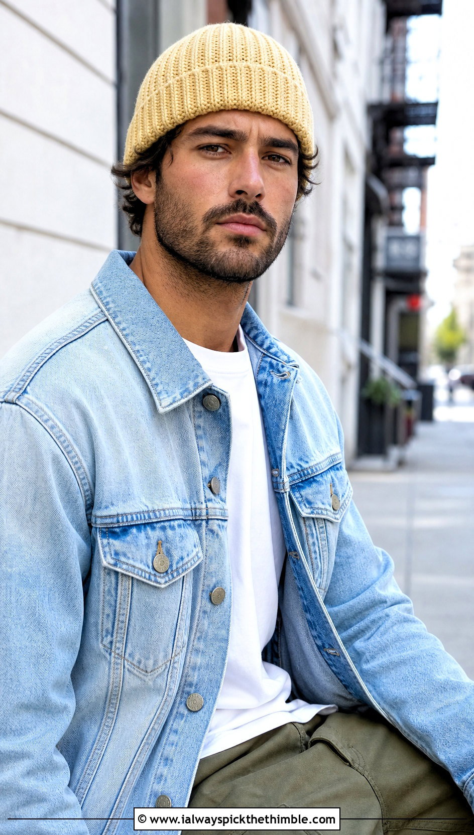 Ribbed Crochet Beanie With Denim Jacket - 15 Crochet Men's Hats outfit ideas