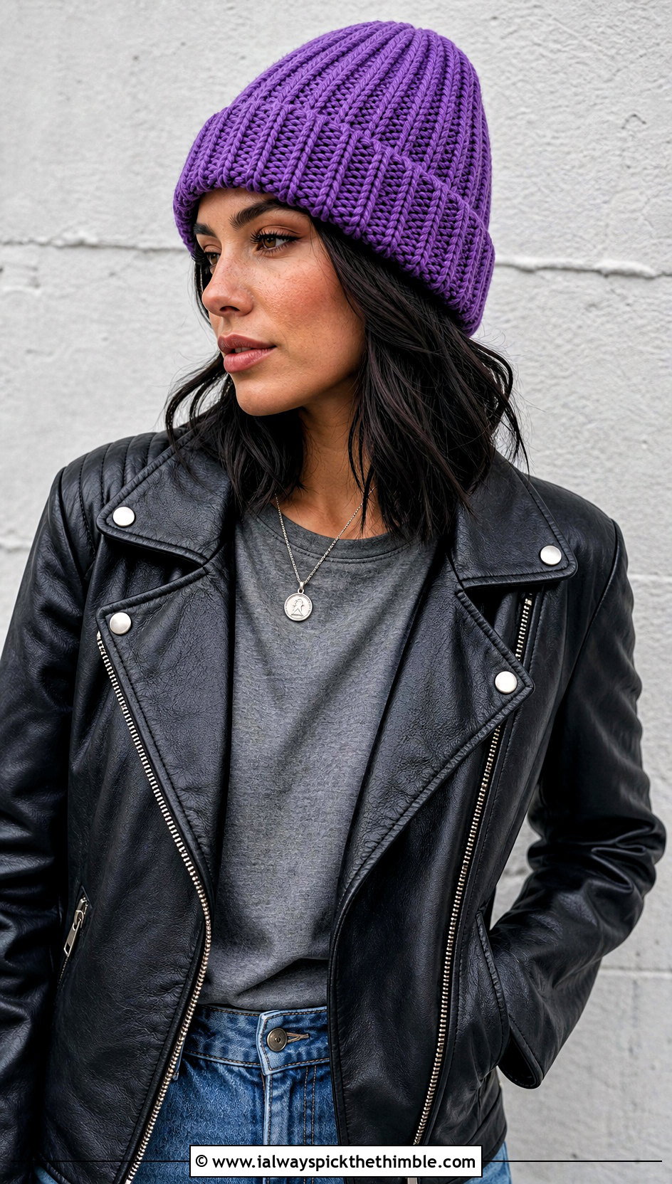 Ribbed Crochet Beanie With Leather Jacket - 20 Cute Crochet Hats outfit ideas