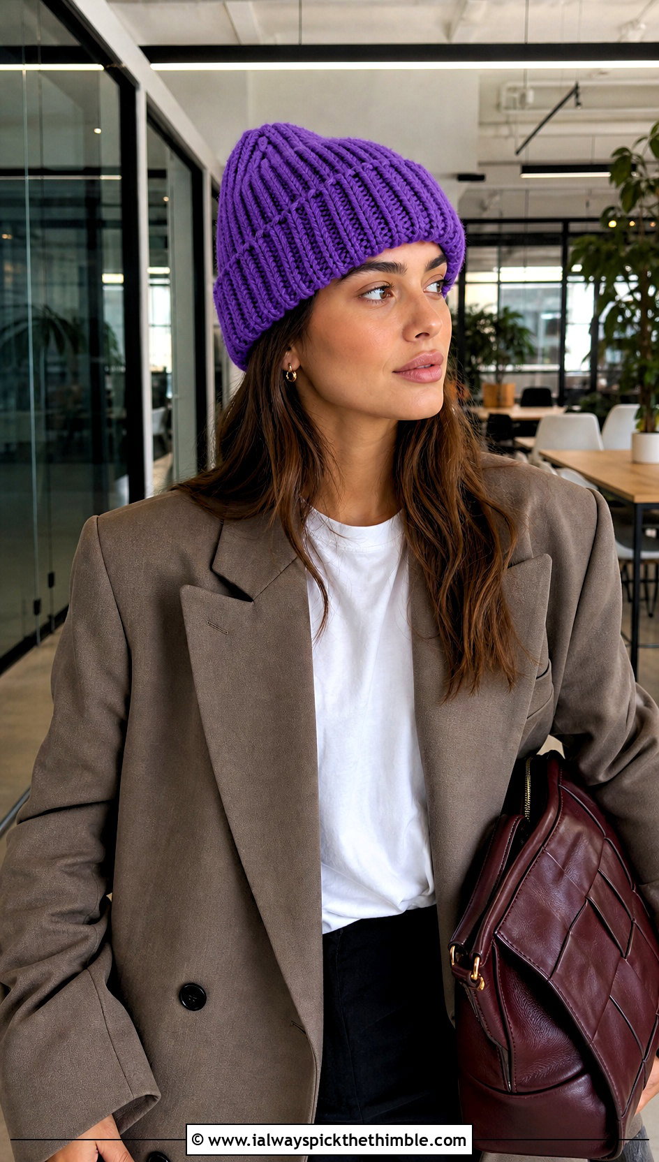 Ribbed Crochet Beanie With Oversized Suit - 25 fun crochet hats outfit ideas