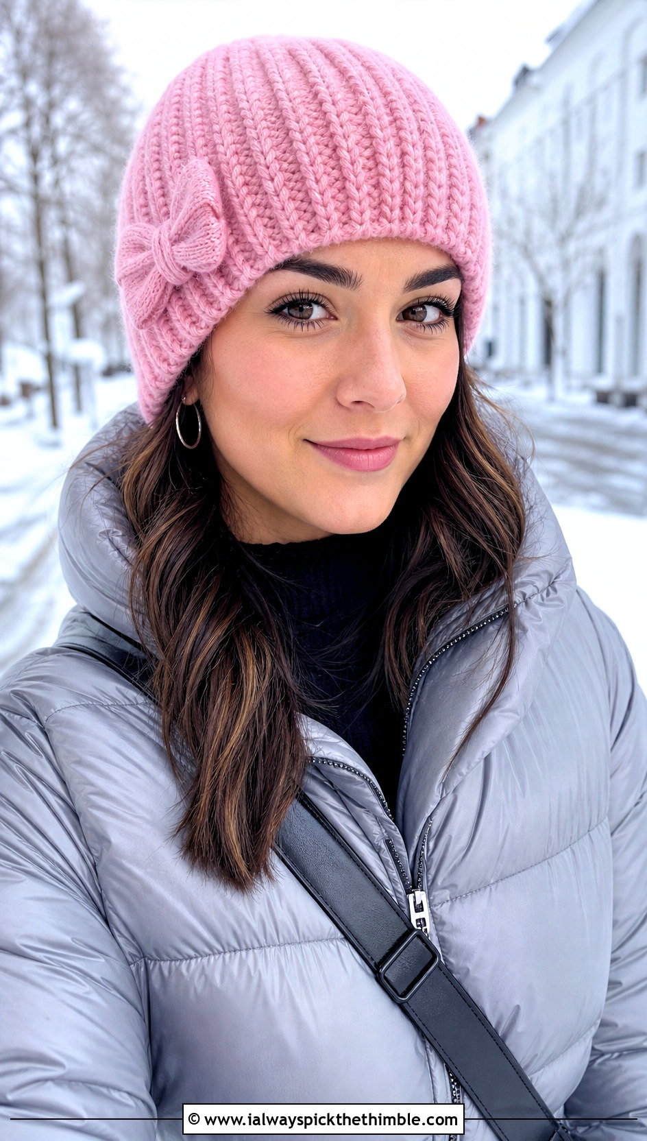 Ribbed Crochet Beanie With Puffer Jacket - 20 Crochet Bow Hat outfit ideas