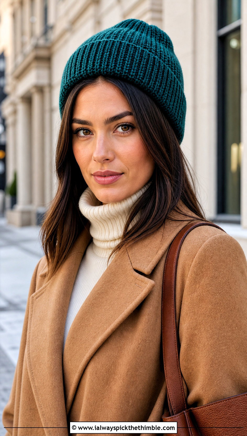 Ribbed Crochet Beanie With Sleek Hair And Tailored Coat - 20 crochet hat with hair outfit ideas