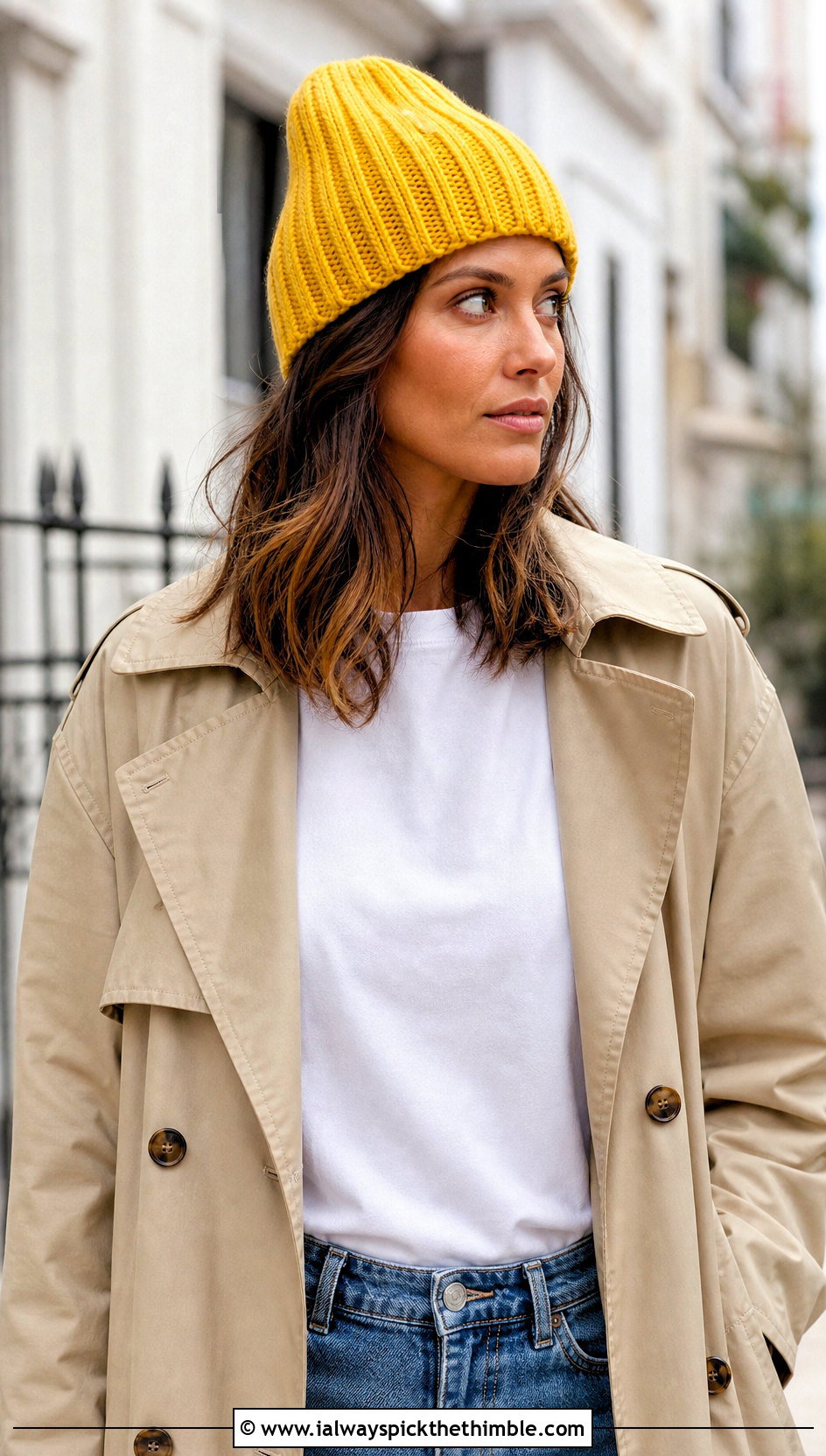 Ribbed Crochet Beanie With Trench Coat And Jeans - 15 Crochet Beanie Bucket Hat outfit ideas