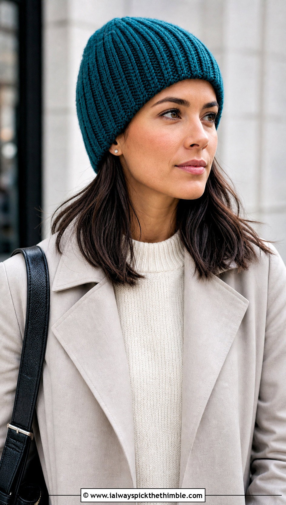 Ribbed Crochet Beanie With Trench Coat And Trousers - 25 simple crochet hat outfit ideas