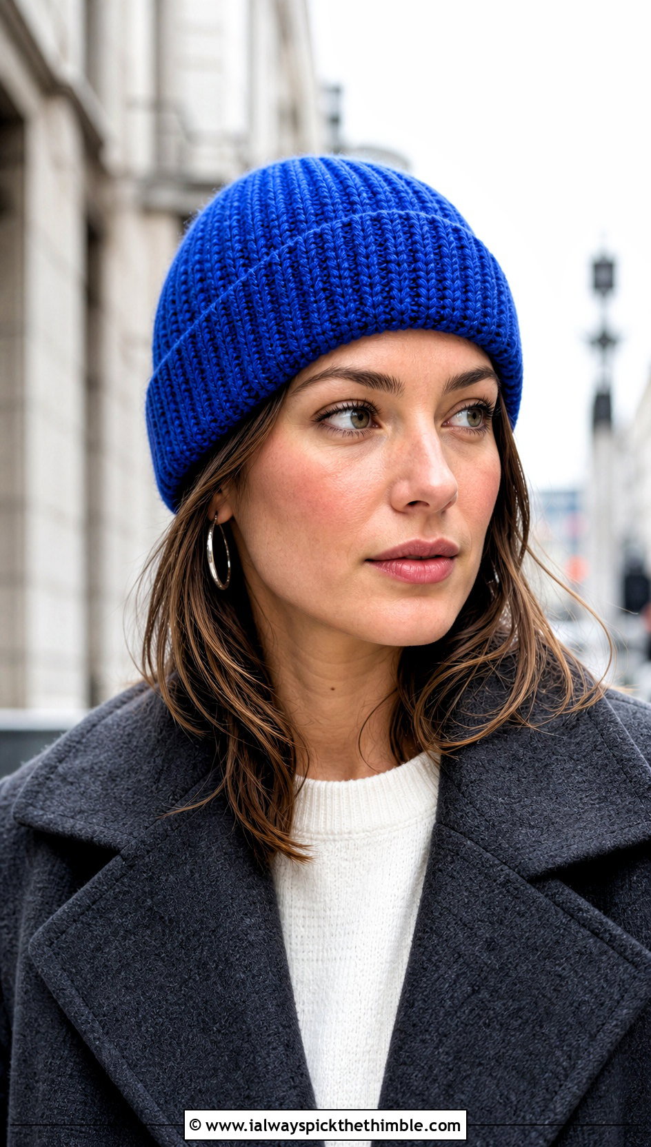 Ribbed Crochet Beanie With Wool Coat - 25 crochet hats outfit ideas