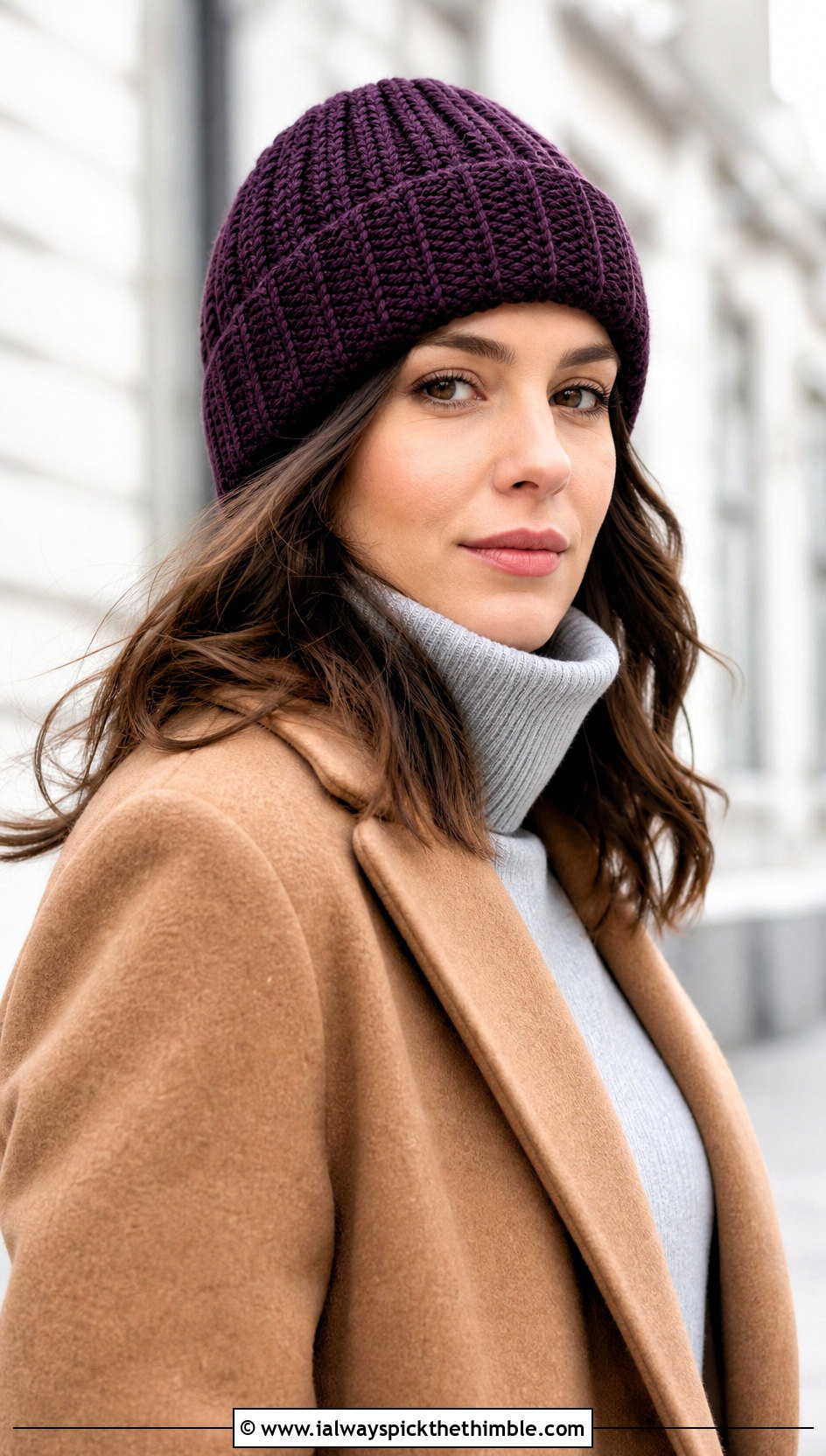 Ribbed Crochet Beanie With Wool Coat And Jeans - 20 beginner crochet hat outfit ideas