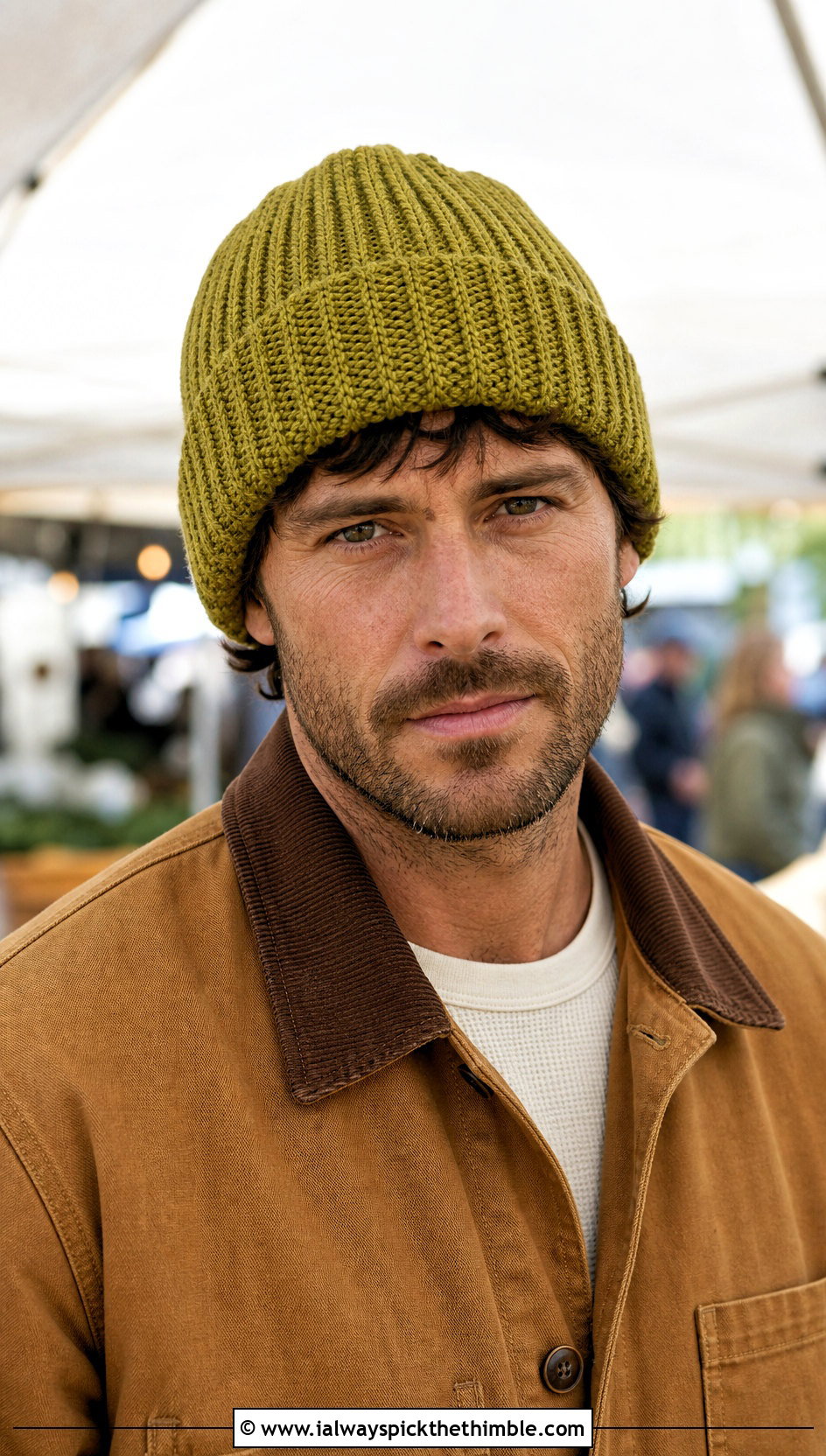 Ribbed Crochet Beanie With Workwear Jacket - 20 Unisex Crochet Hat outfit ideas