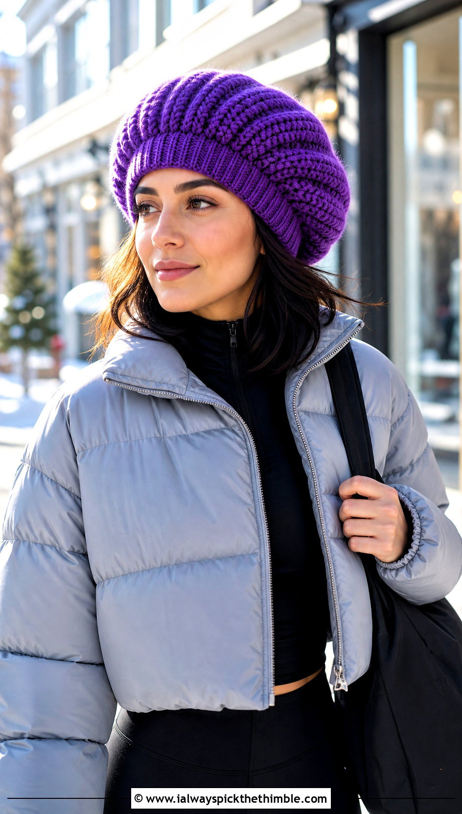 Ribbed Crochet Beret With Puffer Jacket And Leggings - 20 flat crochet hat outfit ideas